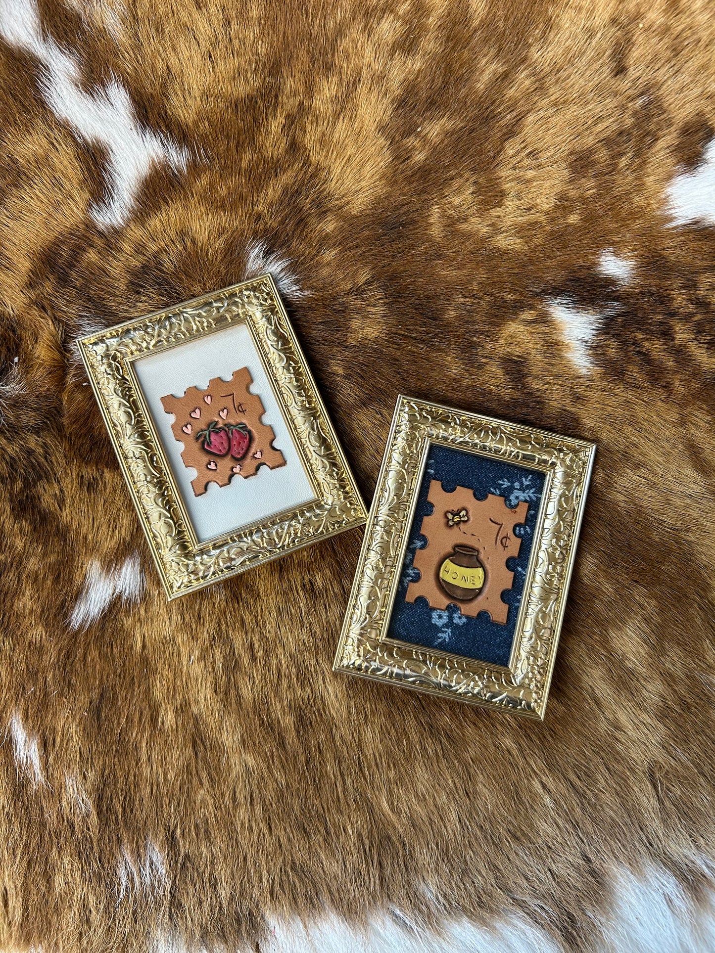 Framed Hand-Tooled Postage Stamps